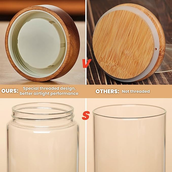 Set of 2 Glass Food Storage Jars, Premium Clear Glass Container Jar with Airtight Wooden Screw Lid, Kitchen Canisters for Coffee,Tea,Pasta,Cookies, Nuts,Spice,Candy,Overnight Oatmeal