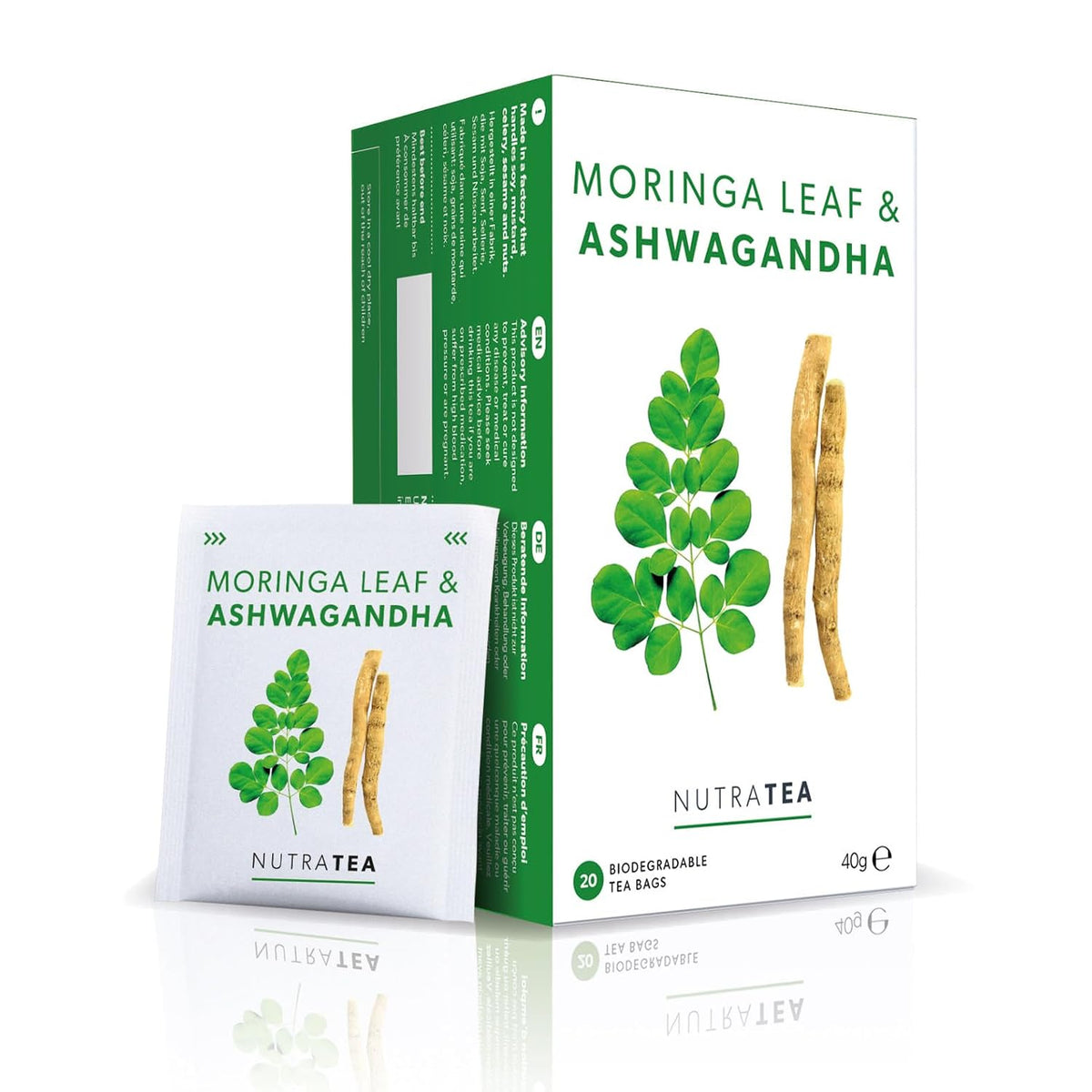 Nutra Tea - Moringa Leaf &amp; Ashwagandha – Moringa Tea Bags, Ashwagandha Tea Bags - For Mood Support and Stress Relief - 40 Individually Wrapped Bags - Herbal Infusion (2 Pack)