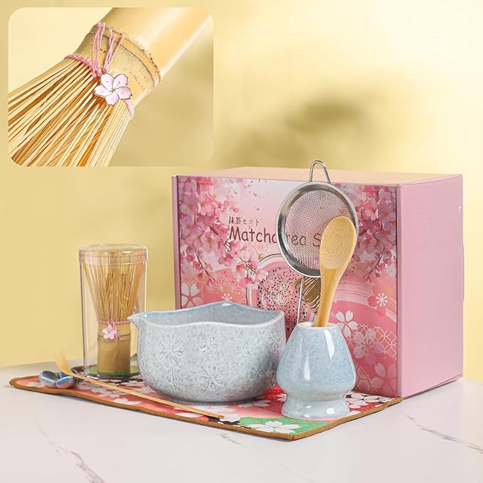 Handcrafted Matcha Bowl Set 8pc - Japanese Style Ceramic Chawan Tea Cups with Floral Art & Wavy Rim | Complete Matcha Tea Ceremony Kit in Premium Gift Box (blue)