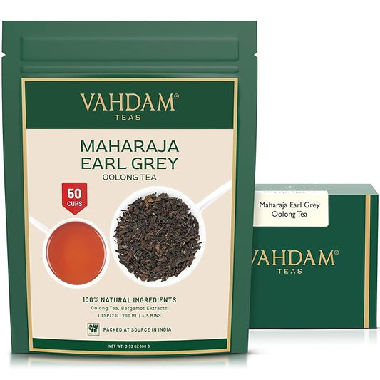 VAHDAM, Maharaja Earl Grey Oolong Tea Loose Leaf (50 Cups/3.53oz) Non GMO, Gluten Free | Oolong Tea Leaves | Loose Leaf Earl Grey Tea With Pure Bergamot Oil | Brew As Hot Or Iced Tea