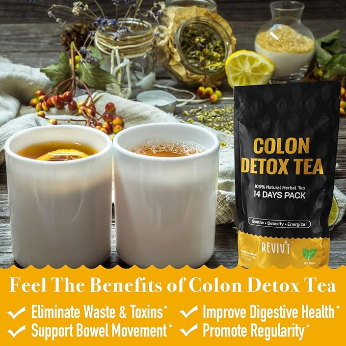 REVIVT Colon Detox Tea, All Natural Colon Cleanse Tea with Senna, Dandelion, Peppermint, Support Gut and Digestive Health for Women and Men, Non GMO, 14 Day Supply