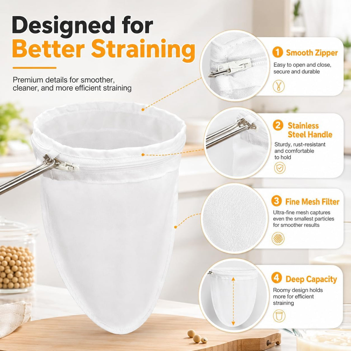 RAINFLOW 3PCS Ultra Fine Mesh Strainer Bags with Stainless Steel Handle