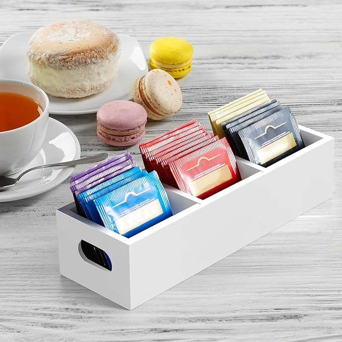 DRASTAR Tea Bag Organizer, Wooden Tea Bag Holder, White Tea Bag Chest with 3 Slots, Mini Tea Organizer Countertop, Sugar Packet Holder
