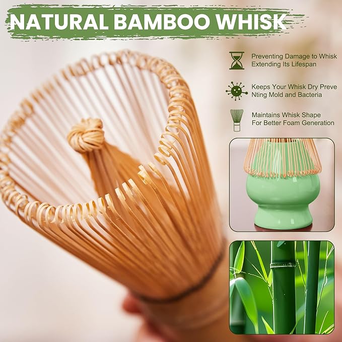 Matcha Whisk Set, Lotus Cyan Ceramic Matcha Set Includes Matcha Bowl, Matcha Whisk (Chasen) and Holder, Sifter, Bamboo Scoop & Spoon