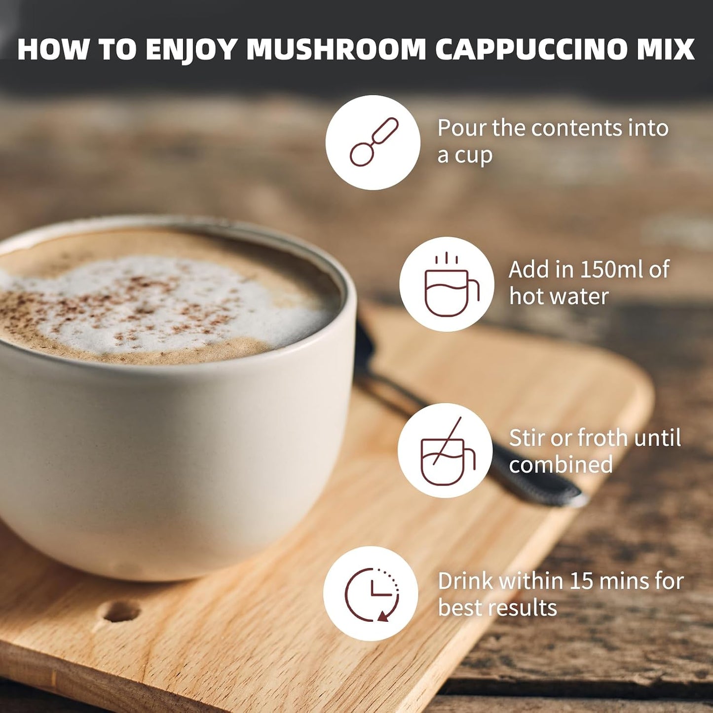 GANOHERB Mushroom Coffee Alternative Cappuccino Mix, Instant Superfood Coffee Drink with Reishi Mushroom Extract for Stress Relief, Immune Support, Smooth and Tasty, 11.1oz, 15 Count