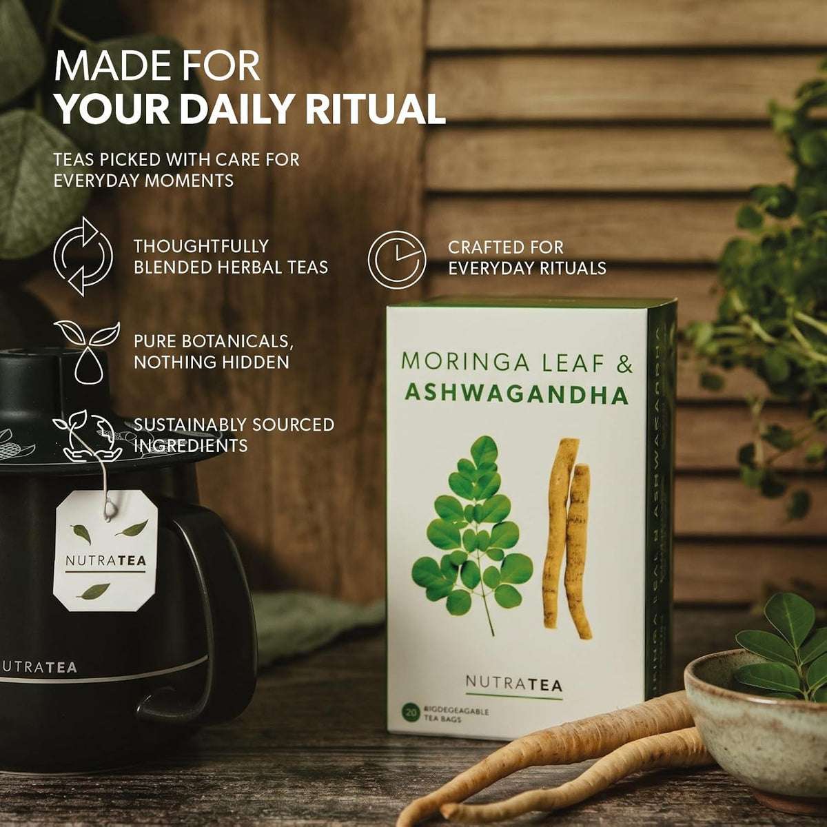 Nutra Tea - Moringa Leaf &amp; Ashwagandha – Moringa Tea Bags, Ashwagandha Tea Bags - For Mood Support and Stress Relief - 40 Individually Wrapped Bags - Herbal Infusion (2 Pack)