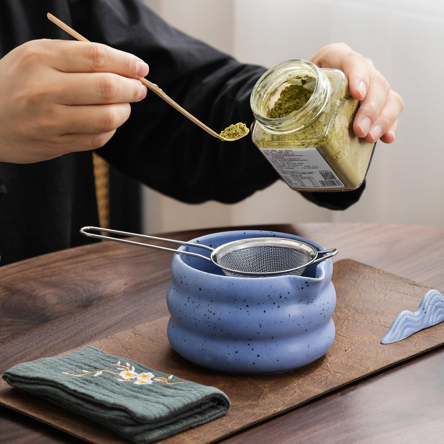 7Pcs Japanese Matcha Tea Set, Matcha Kit with Matcha Bowl (with Pouring Spout), Matcha Whisk, Whisk Holder, Strainer - Elegant Matcha Set for Gifting and Personal Use, Gift Box Packaging (blue)