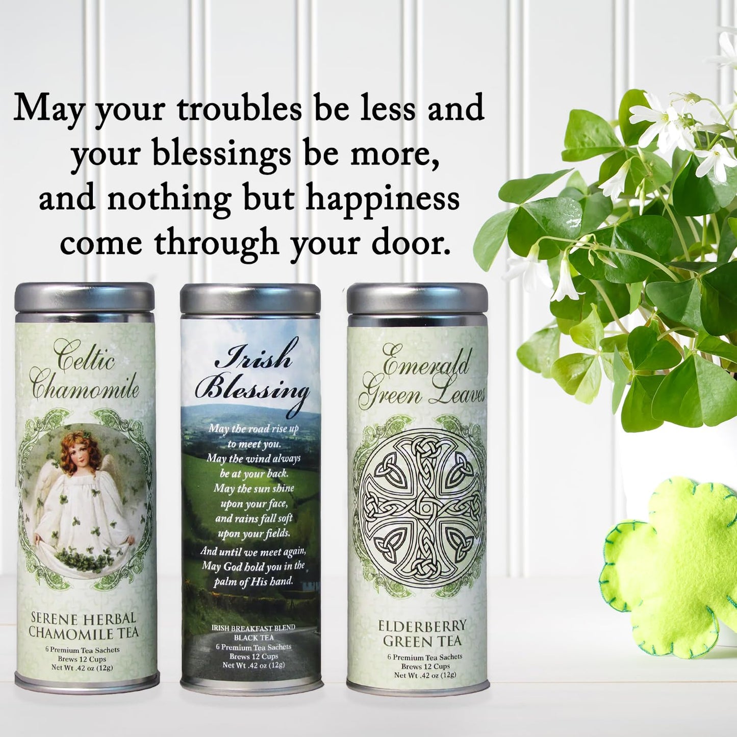 Irish Blessings Tea Gift Basket by La Tea Dah, Full Size Assortment with Irish Breakfast, Herbal Chamomile, & Green Elderberry Teas, Catholic Gifts Women (18 Sachets)