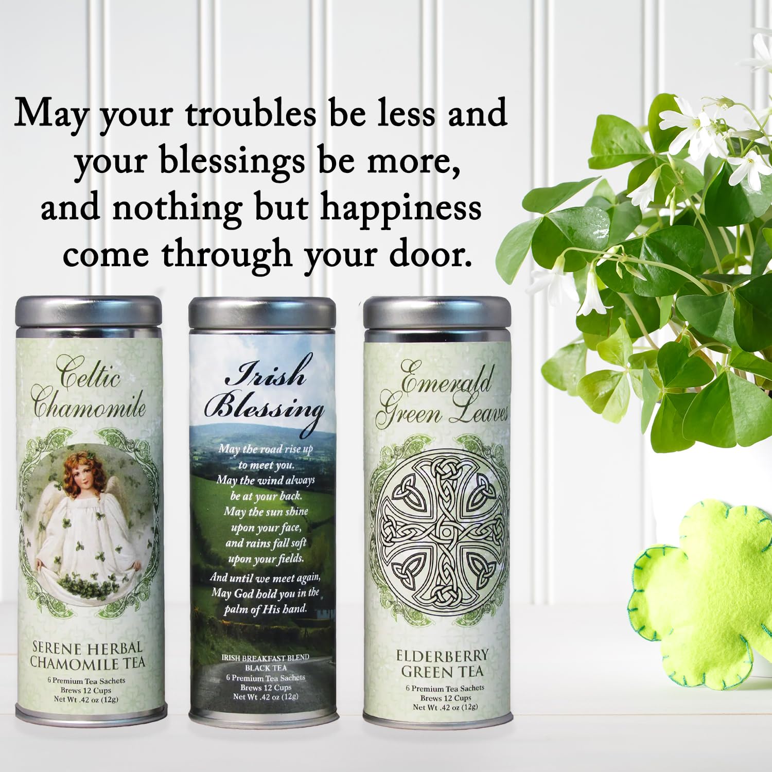 Irish Blessings Tea Gift Basket by La Tea Dah, Full Size Assortment with Irish Breakfast, Herbal Chamomile, & Green Elderberry Teas, Catholic Gifts Women (18 Sachets)