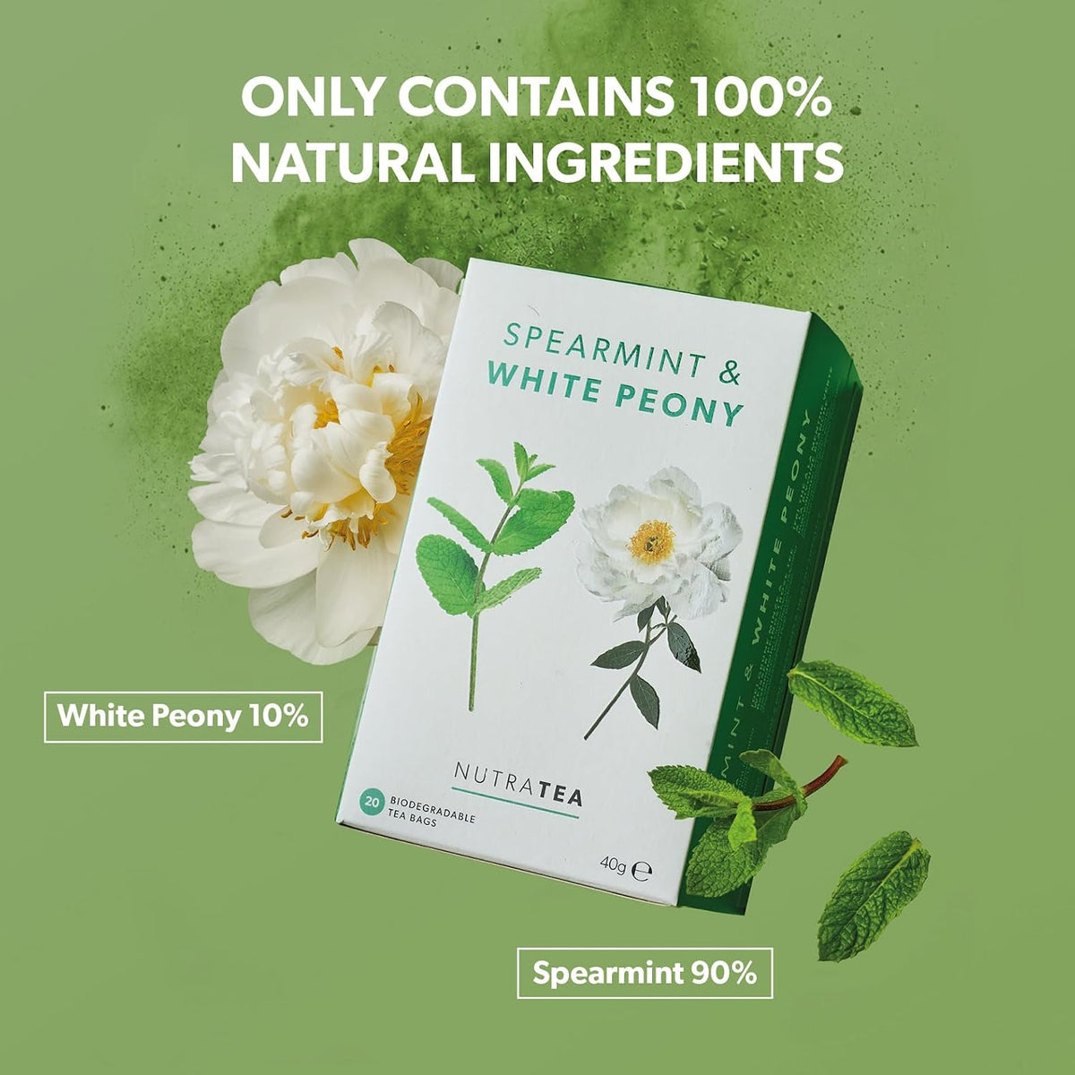 Nutra Tea - Spearmint &amp; White Peony – Spearmint Tea, PCOS Tea - For Digestion, Women's Health &amp; Acne - 20 Individually Wrapped Bags - Herbal Infusion (1 Pack)