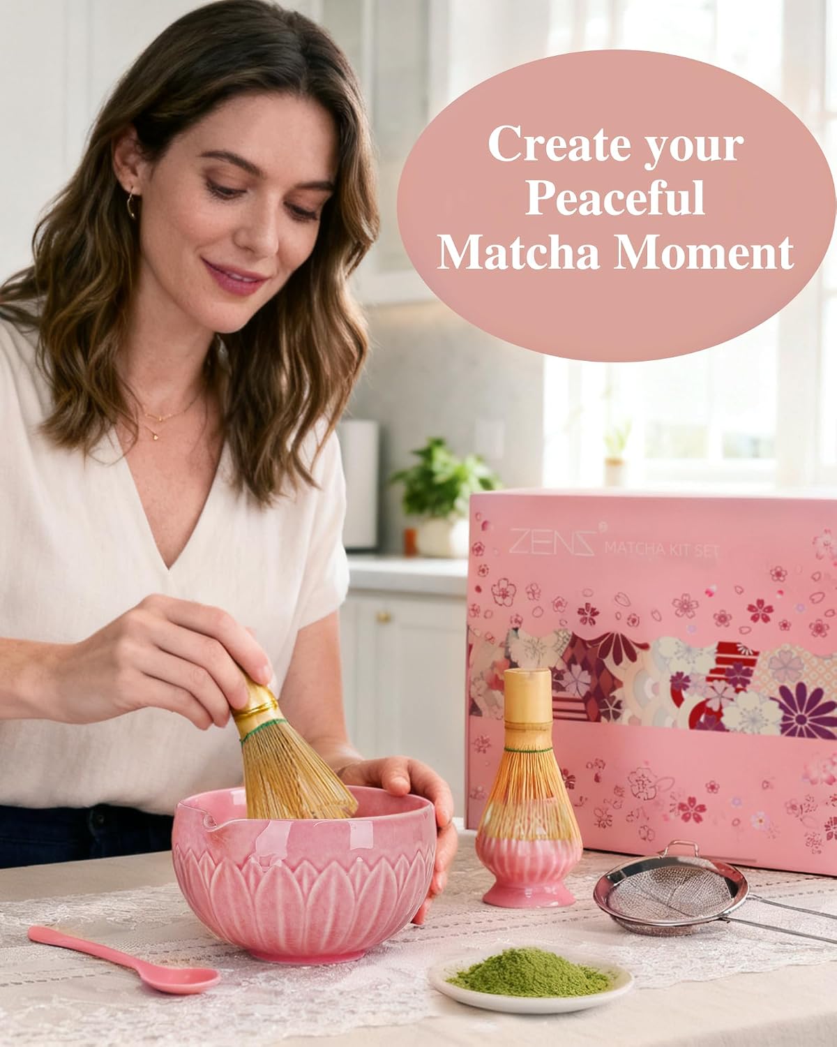 ZENS Premium Matcha Whisk Set, 6pcs Cearmic Matcha Kit &amp; Tools, Pink | Matcha Set Whisk and Bowl, Bamboo Whisk, Chasen Holder, Scoop, 304 Sifter &amp; Tea Mat Kit for Japanese Tea Ceremony