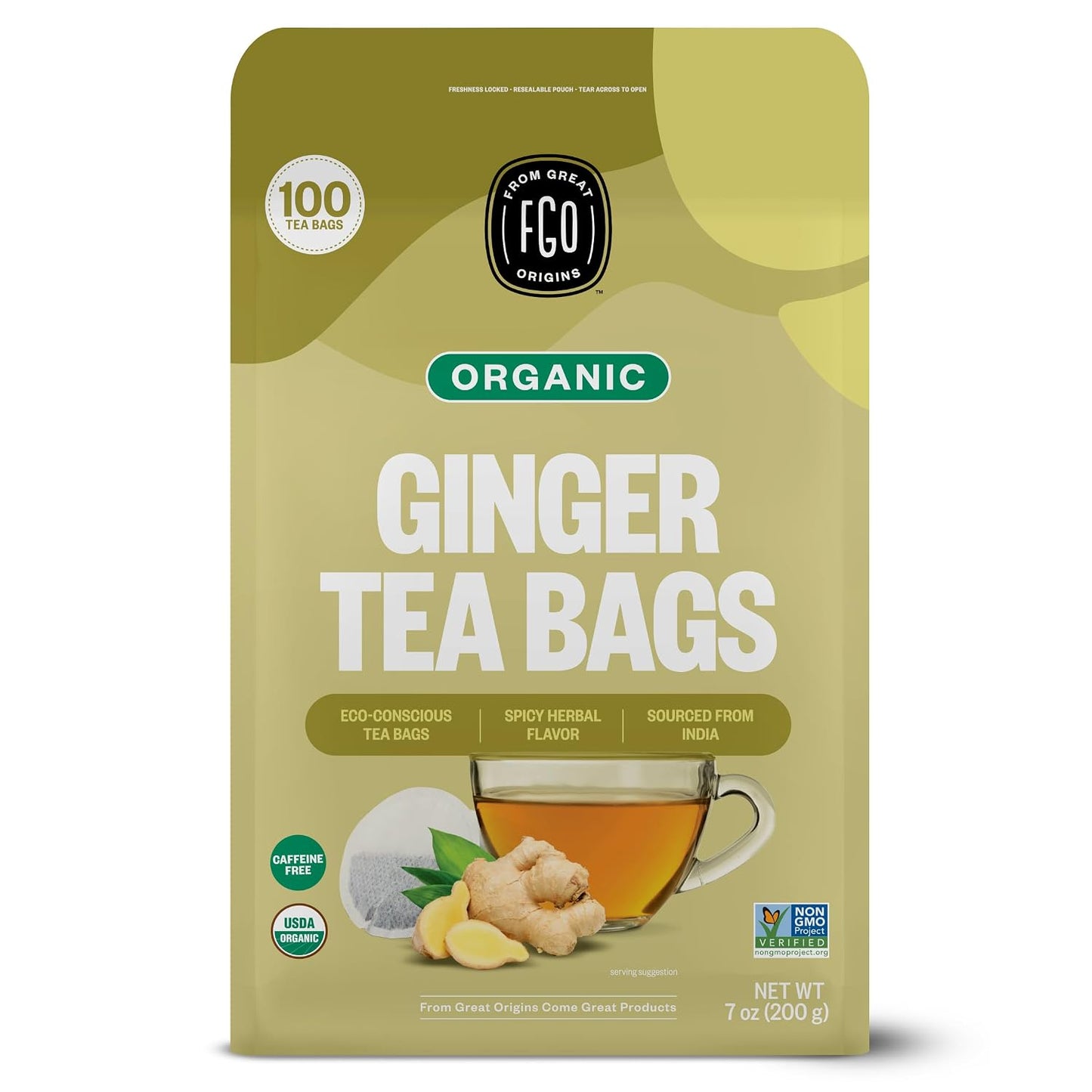 FGO Organic Ginger Tea, 100 Count, Eco-Conscious Tea Bags, Resealable Bag, Packaging May Vary (Pack of 1)