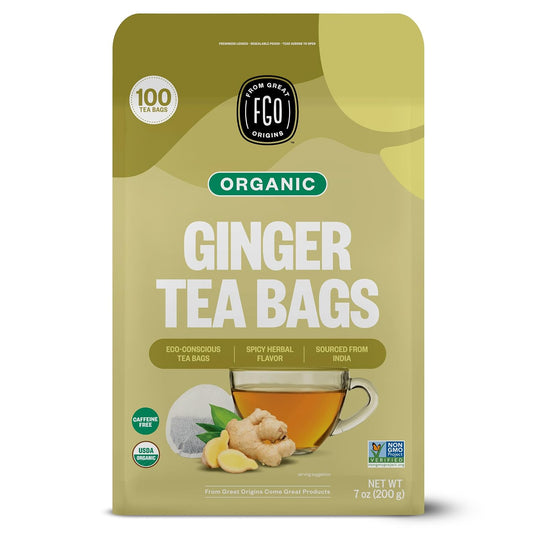 FGO Organic Ginger Tea, 100 Count, Eco-Conscious Tea Bags, Resealable Bag, Packaging May Vary (Pack of 1)