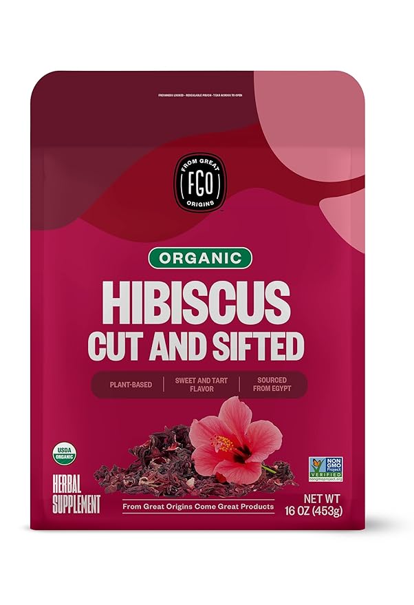 FGO Organic Hibiscus Flowers – Cut & Sifted Loose Flowers, 1 Pound Bulk Resealable Bag