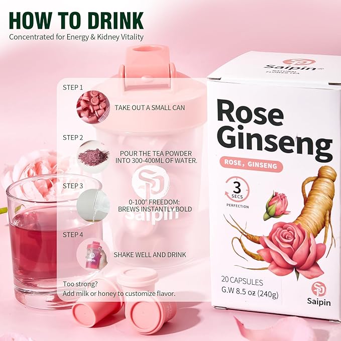 SAIPIN Ginseng Rose Tea – Instant Herbal Kidney Tea for Energy & Beauty | 10 Pack Organic Adaptogen Rose Ginseng for Women & Men | Caffeine-Free, Sugar-Free | Detox.