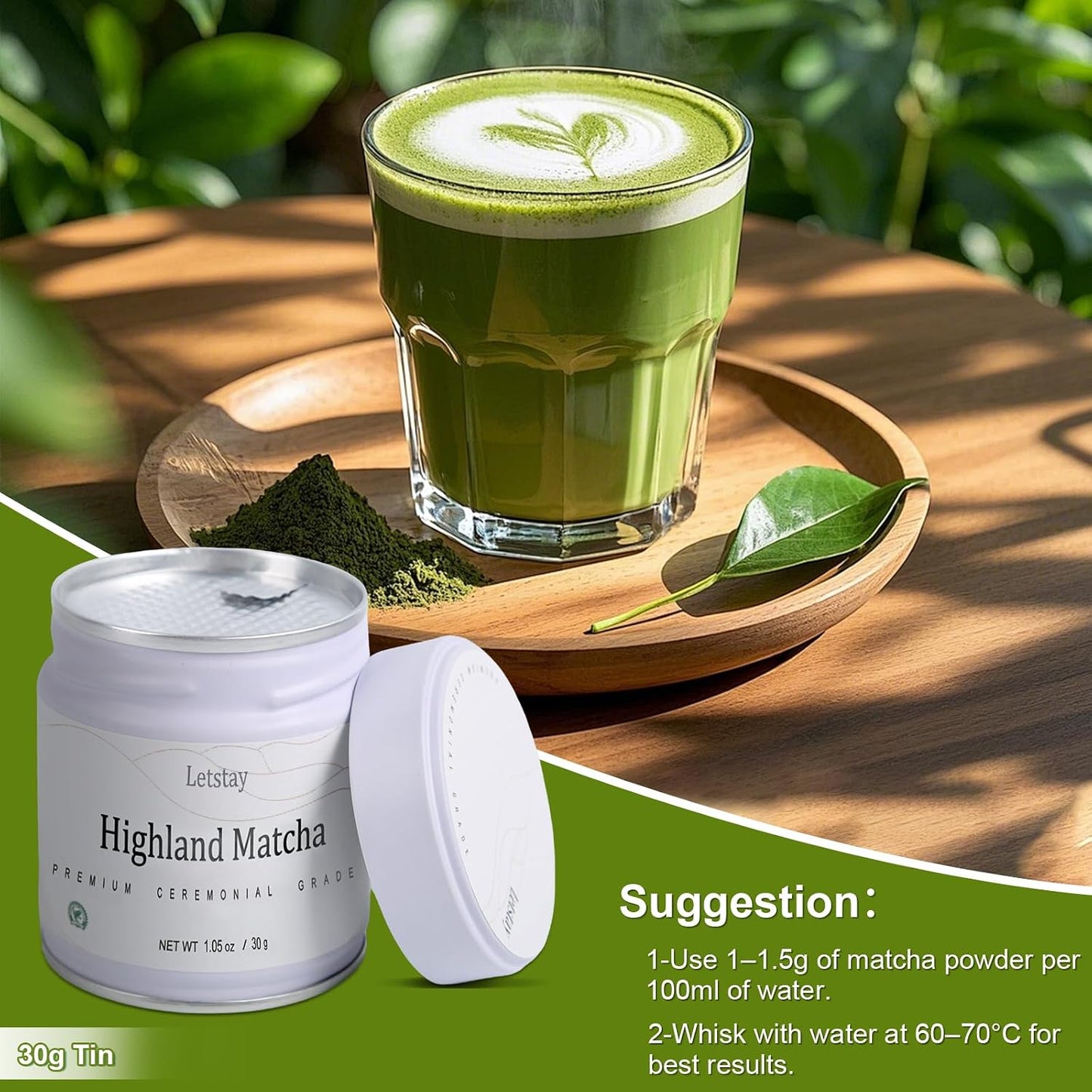 Letstay Ceremonial Grade Matcha Powder – Organic High-Altitude Green Tea, 100% Pure, No Additives, No Sugar, No Radiation – Perfect for Tea, Lattes, and Cakes – 1.06oz Tin