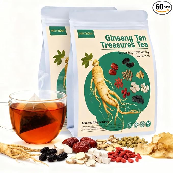 Ginseng Ten Treasures Tea, Premium Chinese Herbal Tea Blend with Ginseng, Goji, Red Dates & 7 More Herbs, Caffeine-Free Herbal Infusion, No Additives