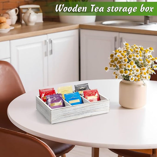 DRASTAR Tea Bag Organizer, Small Tea Bag Holder, Tea Storage Containers with 6 Slots, Wooden Sugar Packet Holder, Mini Tea Bag Caddy Box for Countertop, Retro White