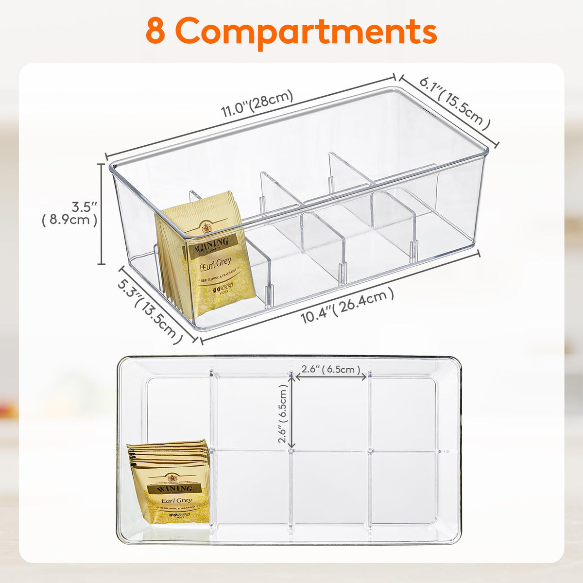 Lifewit 2 Pack 16 Compartment Tea Organizer, Stackable for Cabinet, Clear