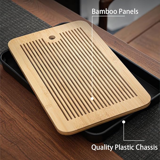 14 Inch Bamboo Chinese Gongfu Tea Tray with Water Storage Drainage, Chinese Gongfu Tea Tray Table Box for Kungfu Tea Set