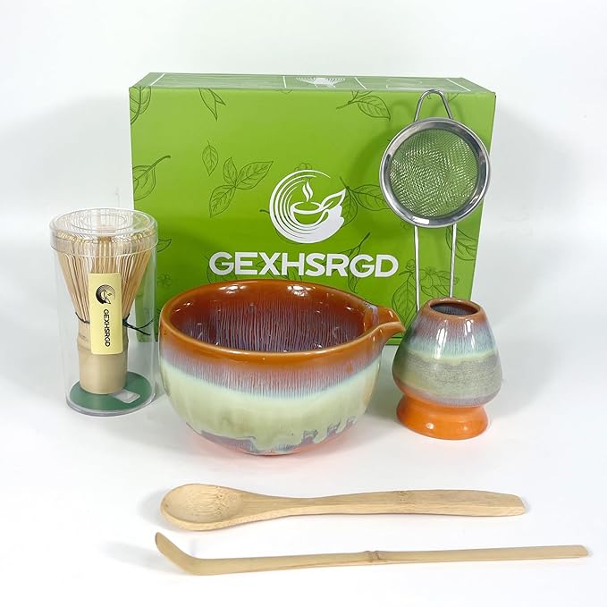 Matcha Whisk Set 6 pc Kit - Traditional Japanese Chasen, Bamboo Whisk Holder, Ceramic Bowl with Spou