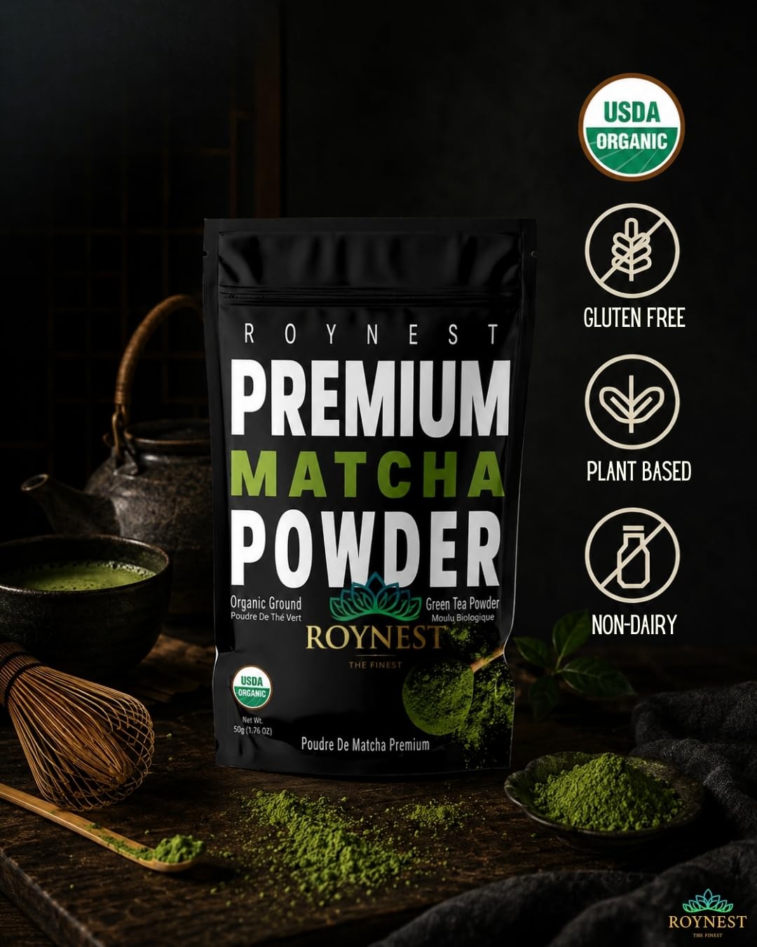 Roynest Premium Organic Matcha Powder - 50g Reseleable Pouch - 1 Pack | Ready to Mix, Pure Matcha for Iced Lattes, Smoothies, Cold Drinks &amp; Baking, Clean Energy, Non-GMO, USDA Certified Organic
