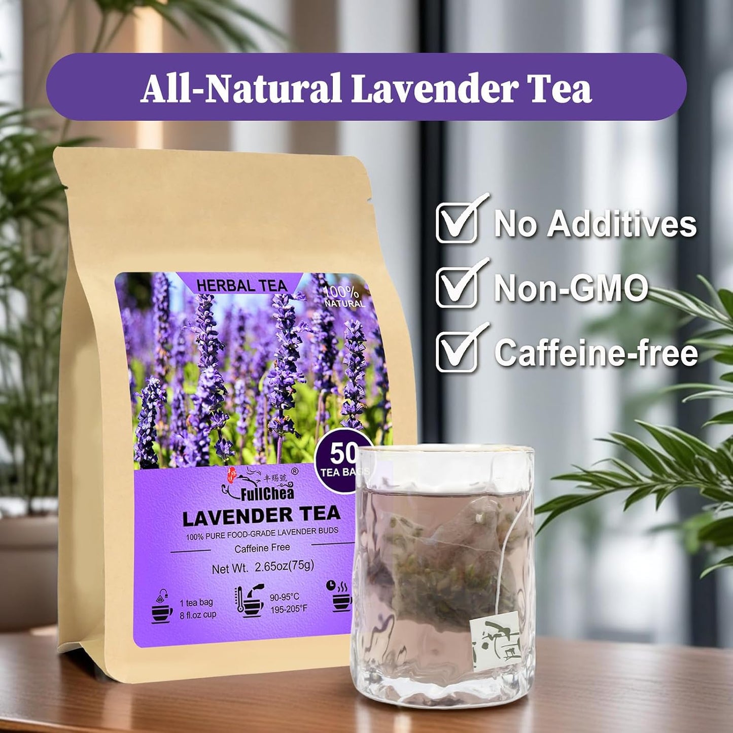 FullChea - Lavender Tea Bags, 50 Count, Natural Lavender Flowers | Pure lavender bud tea, caffeine-free floral tea for relaxation and daily wellness routines