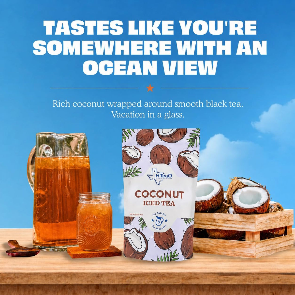 HTeaO Coconut Iced Tea Bags - Makes 4 Gallons - Texas Style - Black Tea