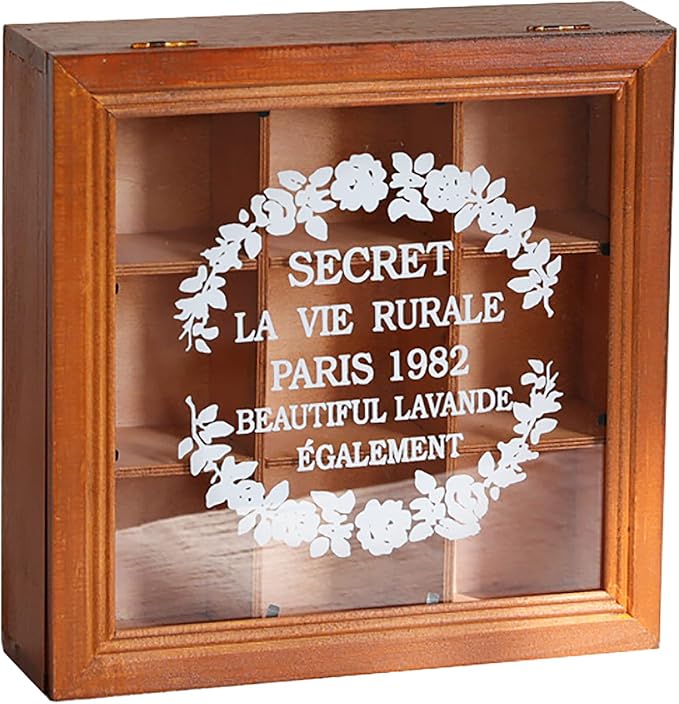 9-Slot Mini Wooden Storage Box with Glass Cover (9.44x9.44x2.8in) Collectibles Display Case - Square Wood Organizer Box with Dividers
