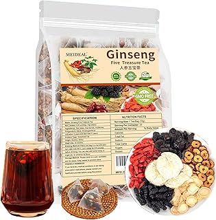 Ginseng Five Treasures Tea, Natural Kidney Tea for Women & Men, 6 Precious Ingredients Blend, Organic Ginseng Six Treasures KidneyTea, Chinese Herbal Teabags (25 Pcs 1 Bag)
