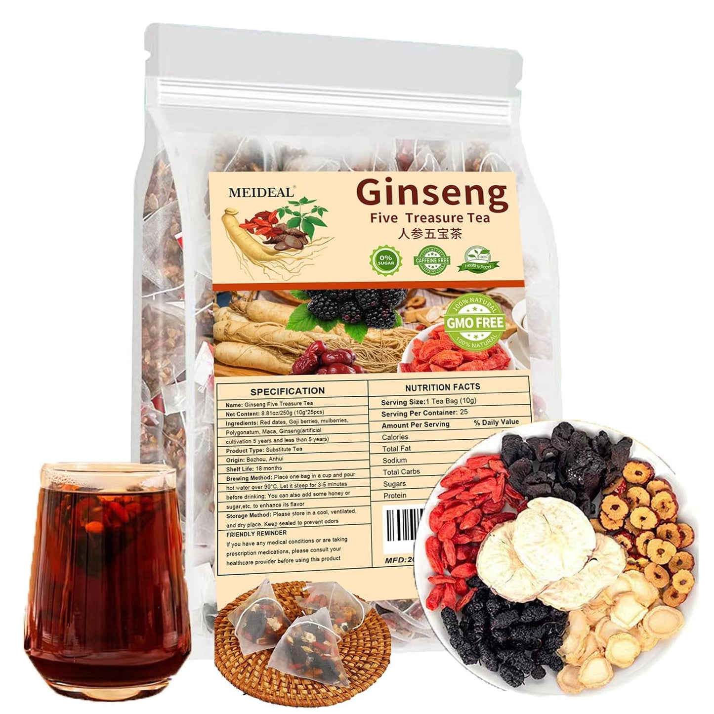 Ginseng Five Treasures Tea, Natural Kidney Tea for Women &amp; Men, 6 Precious Ingredients Blend, Organic Ginseng Six Treasures KidneyTea, Chinese Herbal Teabags (25 Pcs 1 Bag)