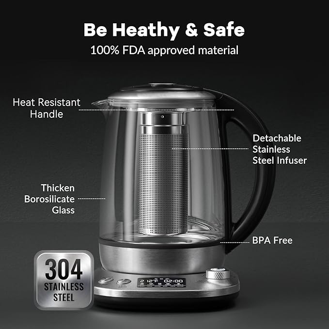 Mecity Electric Tea Kettle with Removable Infuser, 9 Preset Brewing Programs, Temperature Control, 2 Hours Keep Warm, Borosilicate Glass, 1.7 Liter