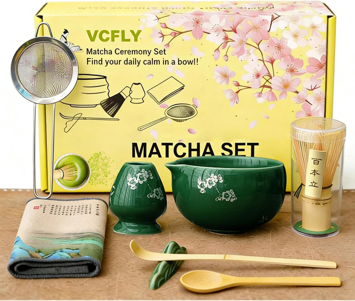 Matcha Whisk Set,8 Pcs Ceramic Matcha Set for Ceremony,Matcha Whisk kit with Bowl,Bamboo Whisk and Holder,Scoop,Sifter,Gift for Matcha Lovers Family and Friend Green