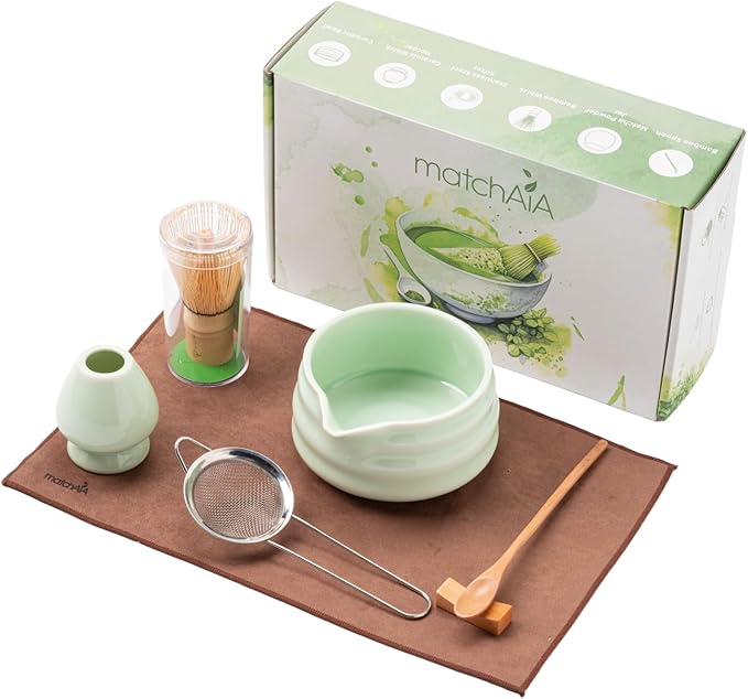 Matcha Whisk Set - Ceramic Bowl, Bamboo Whisk with Holder, Sifter, Schima Spoon, Spoon Rest and Tea Towel