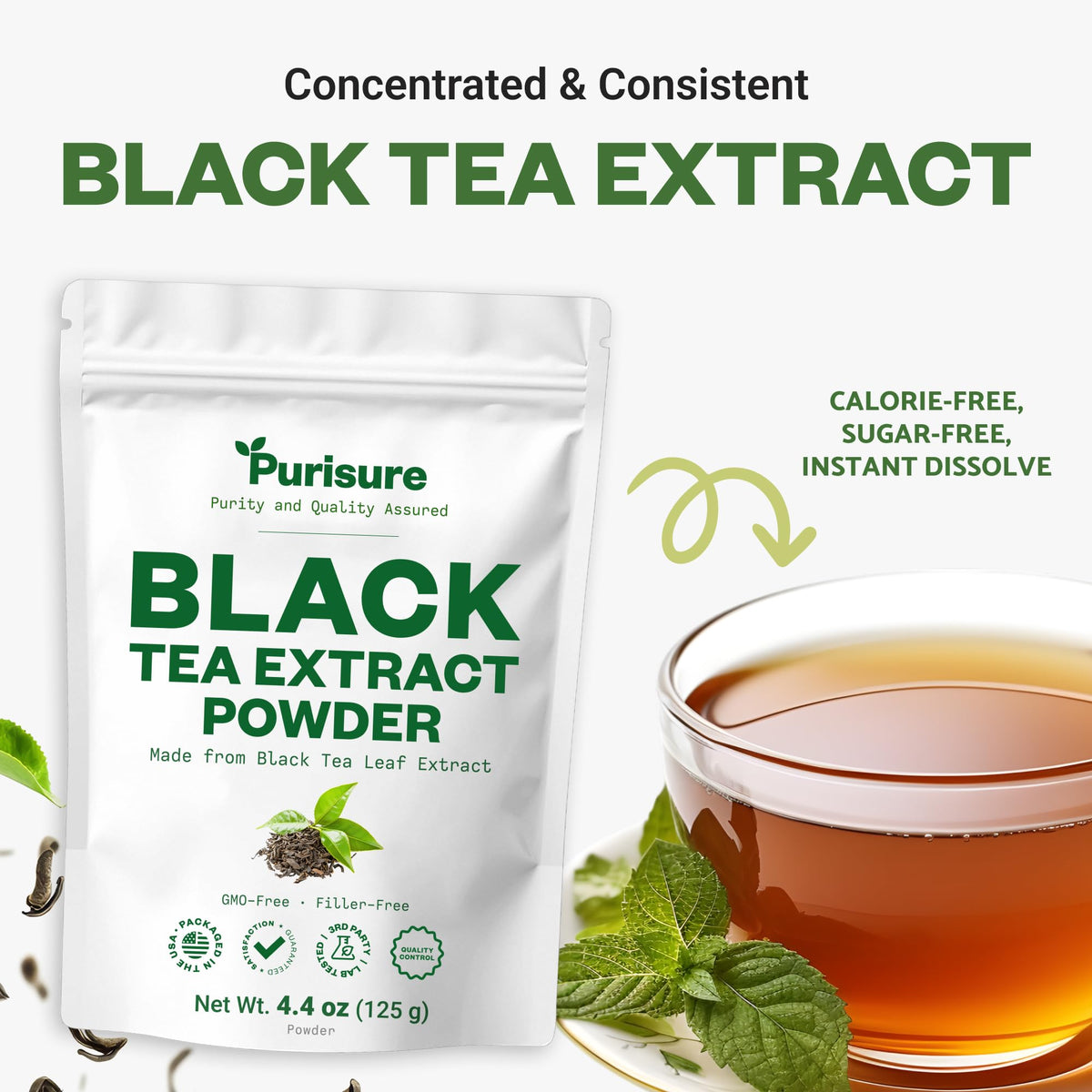 Purisure Instant Black Tea Extract Powder, Unsweetened Iced Tea Extract Powder from Real Black Tea Leaves for Hot or Cold