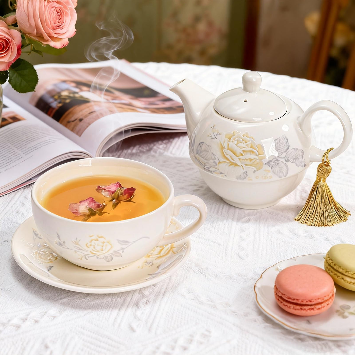 Nagpew Tea for One Set, Porcelain Floral Teapot Cup Saucer Set