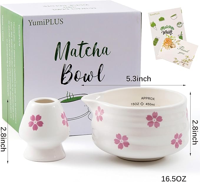 2pcs Matcha Bowl with Whisk Holder, Ceramic Cherry Blossom Matcha Bowl with Spout, 16.5OZ Porcelain Bowl with Measurement Marks,Tea Mixing Bowl with Whisk Stand, Matcha Gift (sakura)