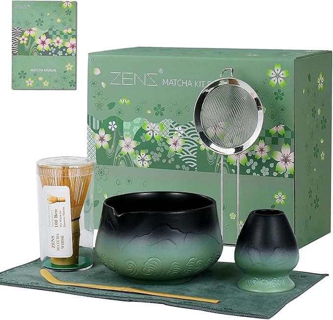 ZENS Matcha Whisk Set, Matcha Kit Set with Bowl and Bamboo Whisk, 304 Sifter, Scoop, (Chasen Holder) -Tea Mat, 6pcs Matcha Set for Latte-Making, Sage Green