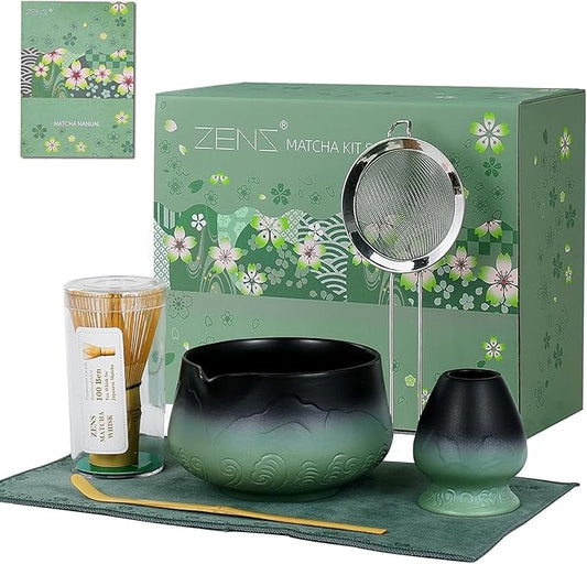 ZENS Matcha Whisk Set, Matcha Kit Set with Bowl and Bamboo Whisk, 304 Sifter, Scoop, (Chasen Holder) -Tea Mat, 6pcs Matcha Set for Latte-Making, Sage Green