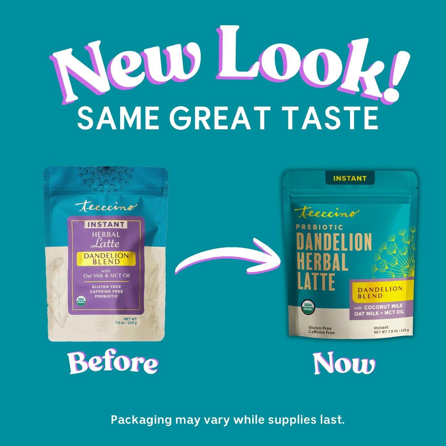 Teeccino Organic Instant Dandelion Herbal Latte – 14 Servings – Creamy Oat &amp; Coconut Latte with a Blend of Roasted Chicory &amp; Dandelion Roots – Gluten-free, Prebiotic, Caffeine-Free – 7.9 ounces