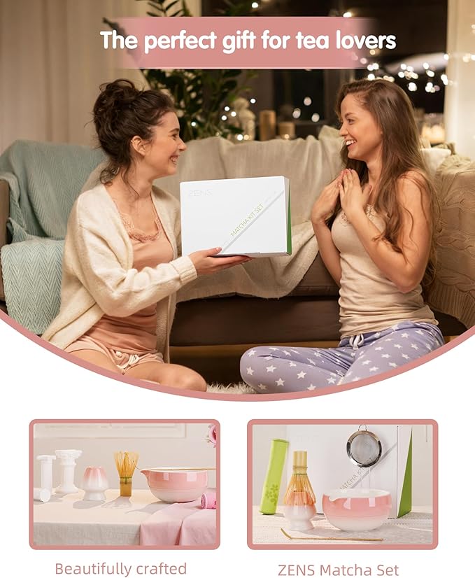 ZENS Pink Matcha Set, 6pcs Matcha Kit Includes Ceramic Bowl, Handcrafted Bamboo Whisk and Chasen Holder, Scoop, 304 Sifter & Tea Mat, Matcha Whisk Set Gift for Matcha Lovers