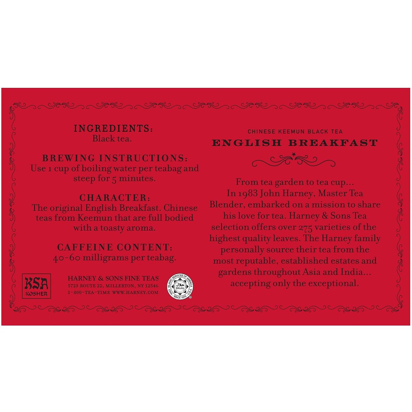 Harney &amp; Sons English Breakfast Black Tea Bags, 50 Count | 100% Keemun black tea. 50 individually wrapped tea bags. Contains caffeine.