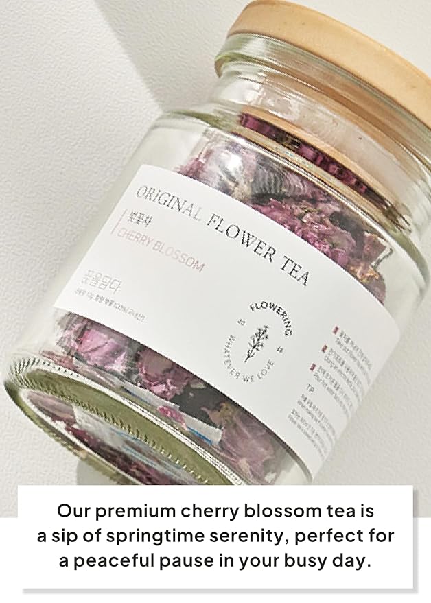 Korean Food, Original Cherry Blossom Flower Tea, Decaf Floral Blend, Fully Natural Flowers, No Caffeine, Sugar Free, Zero Calories, Made in Korea, 10g