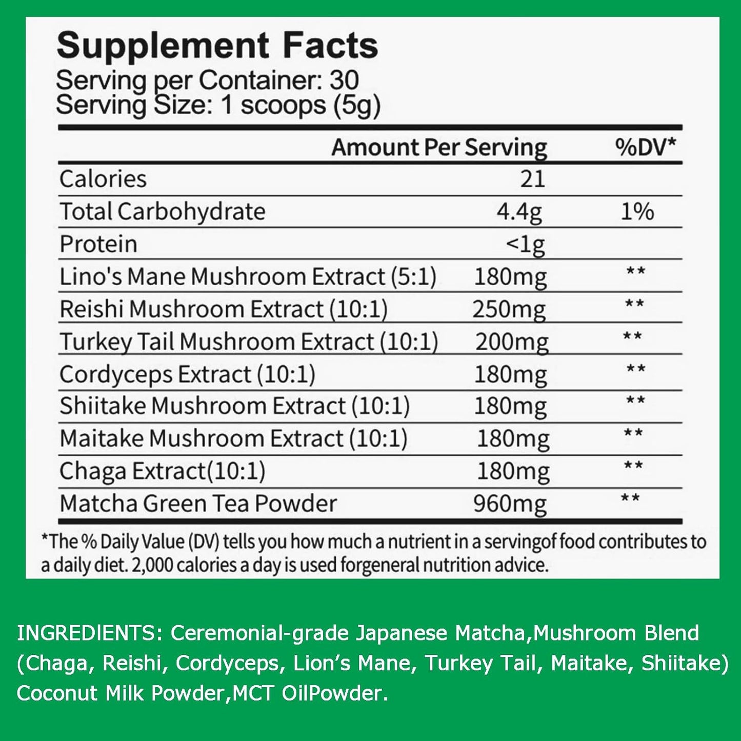 Suiyilary Mushroom Matcha, Ceremonial Matcha Tea Powder with 7 Superfood Mushrooms, Gluten Free, Taste Great Hot or Cold Matcha Latter - 150g 30 Serving