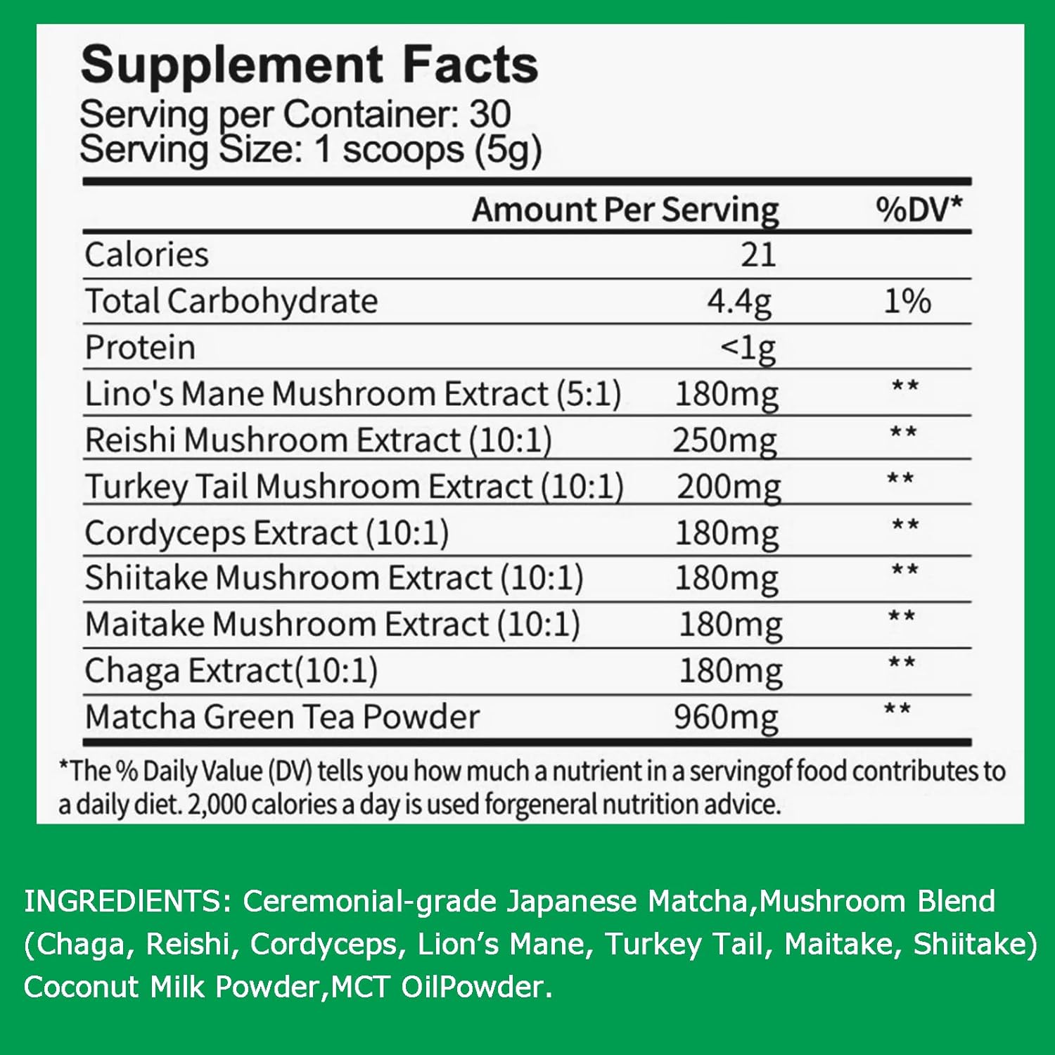 Suiyilary Mushroom Matcha, Ceremonial Matcha Tea Powder with 7 Superfood Mushrooms, Gluten Free, Taste Great Hot or Cold Matcha Latter - 150g 30 Serving