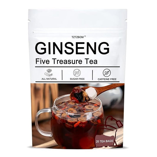 Ginseng Five Treasure Tea, 20 Teabags, Herbal Tea Formula Ginseng Six Treasure Traditional Chinese Herbal Tea for Men & Women