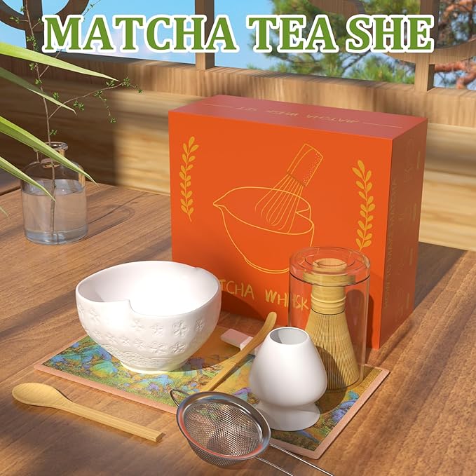 Matcha Whisk Set & Japanese Tea Set – 8PCS Ceramic Kit, Heart-Shaped Bowl with Spout & Bamboo Whisk (Ivory White)
