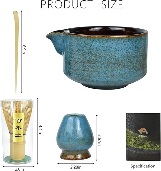 Artcome 4 Pcs Complete Matcha Tea Ceremony Kit for Japanese Tea Ceremony, Bowl with Pouring Spout, Whisk, Whisk Holder, Tea Scoop