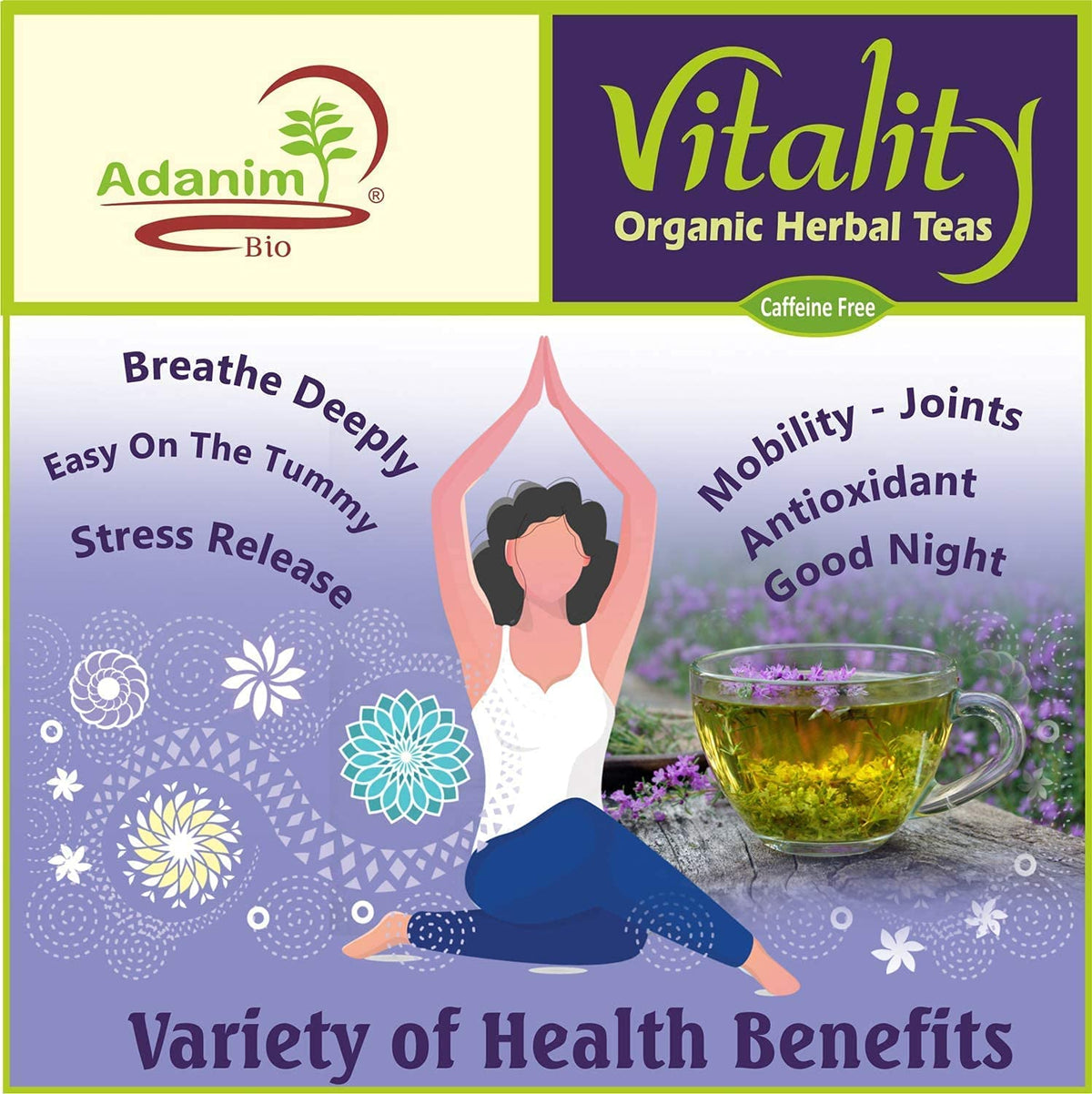 Adanim Bio Vitality Organic Herbal Tea Sampler Gift Box Caffeine Free 8 Unique Flavors for Tea Lovers 64 Individually Wrapped