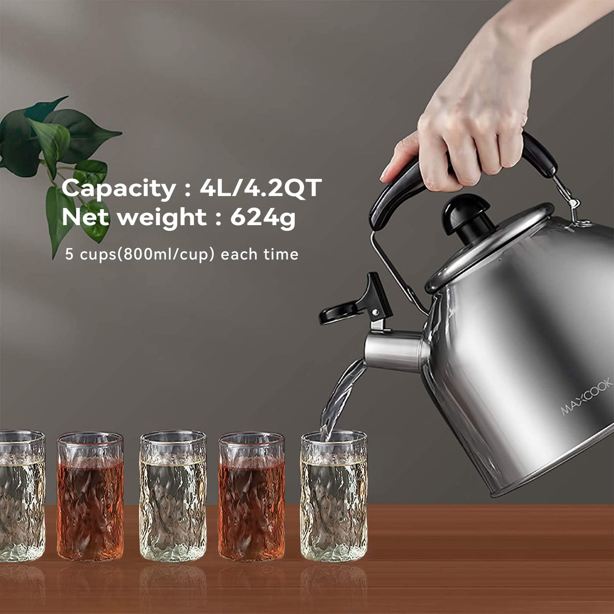 MAXCOOK 4.2 Quart/4L 18/8 Stainless Steel Whistling Tea Kettle